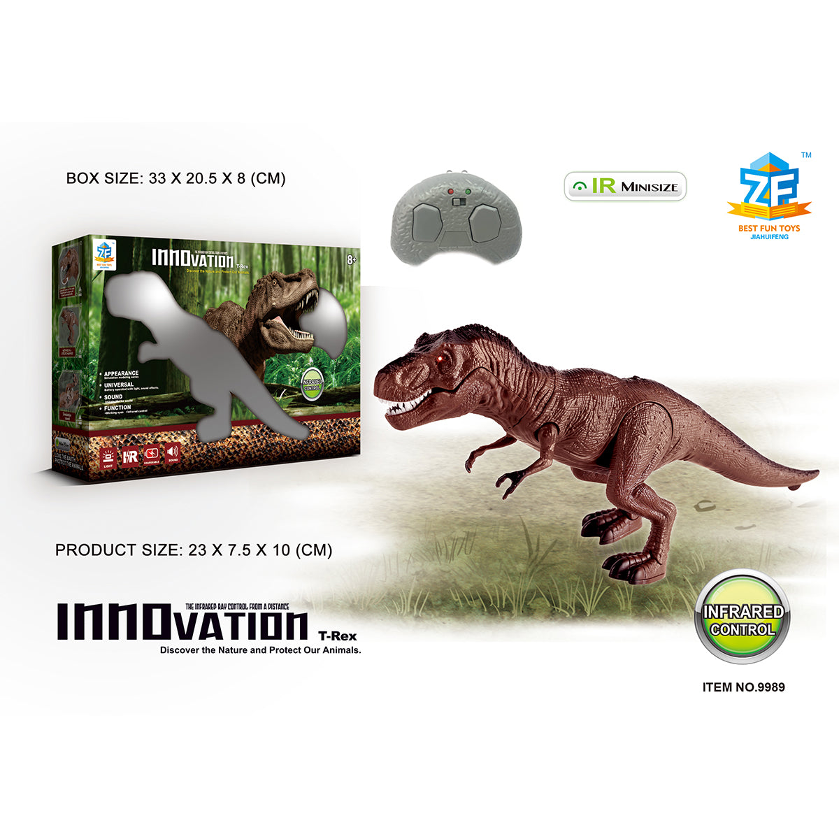 Realistic Remote Control Dinosaur Toy | HugmieToys features a brown T-Rex with infrared control, ideal for Halloween fun and kids' pranks.